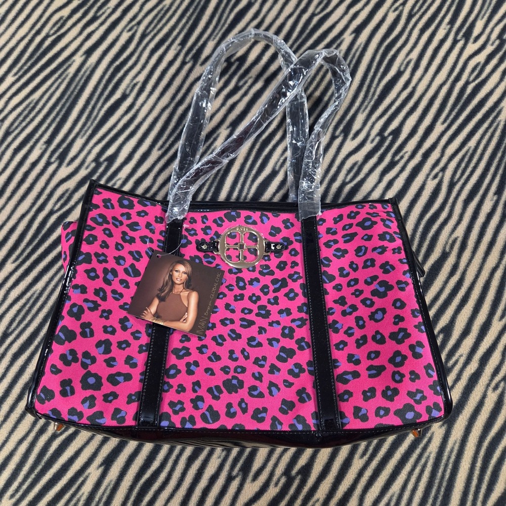 NWT IMAN Global Chic Pink Leopard Print Canvas Tote Bag Black Patent Trim Y2K